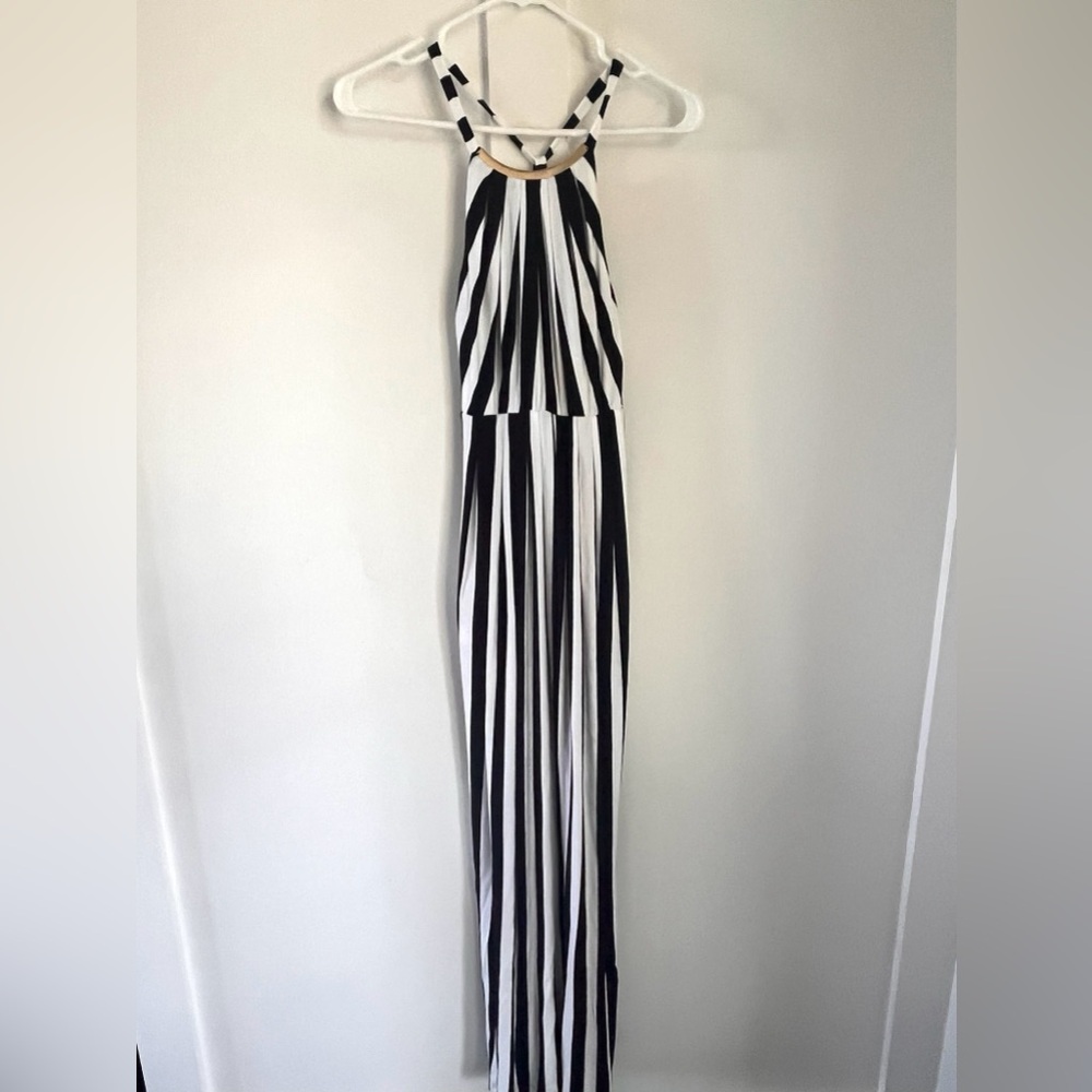XS Soma Gold Bar black and white striped maxi halter dress